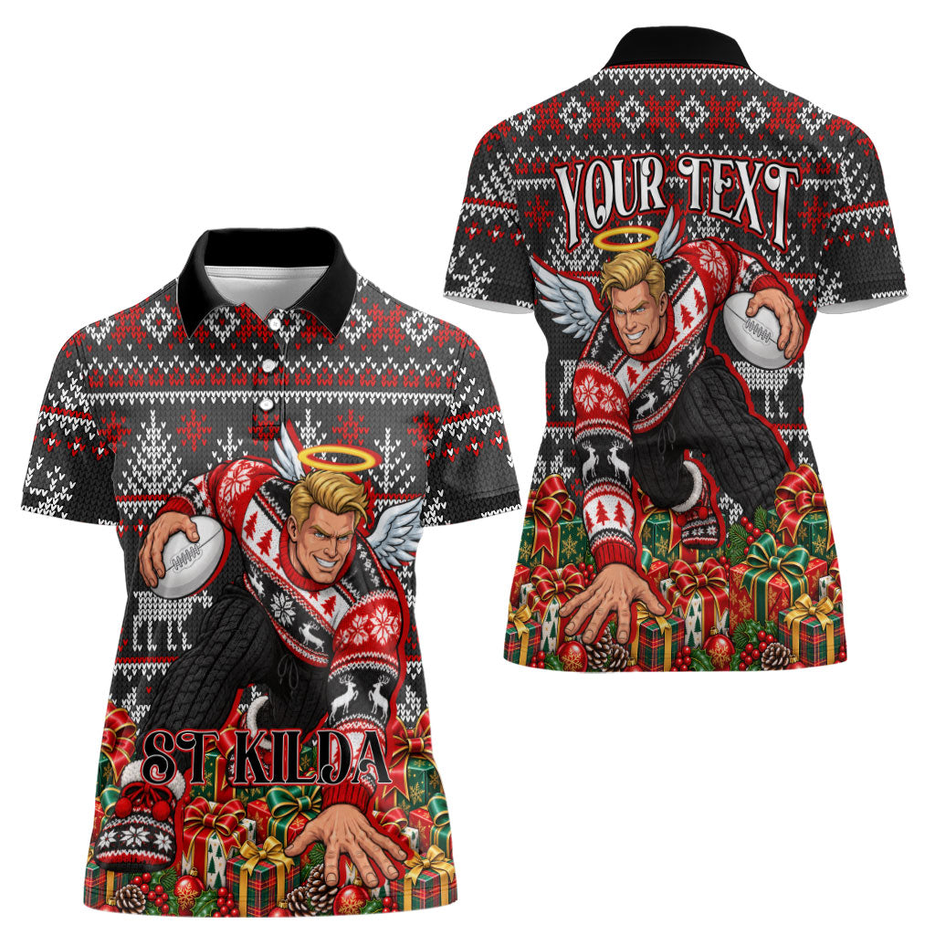 Personalized St Kilda Football Christmas Women Polo Shirt Australian Football Mascot - Ugly Xmas Pattern Festive