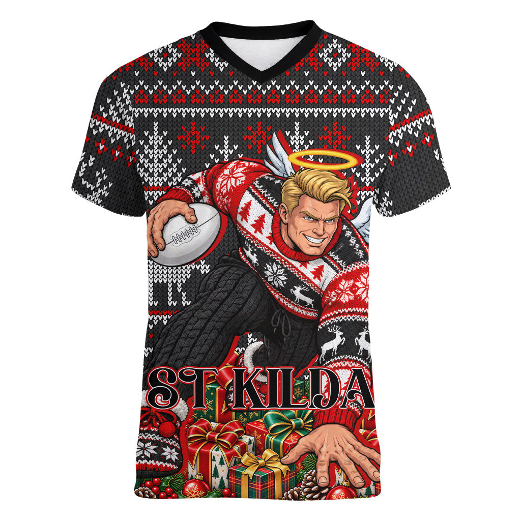 Personalized St Kilda Football Christmas Women V-Neck T-Shirt Australian Football Mascot - Ugly Xmas Pattern Festive