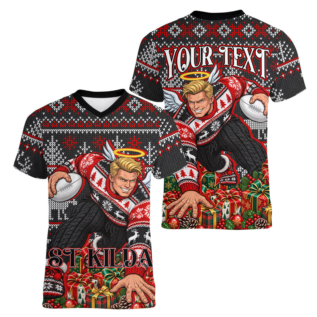 Personalized St Kilda Football Christmas Women V-Neck T-Shirt Australian Football Mascot - Ugly Xmas Pattern Festive