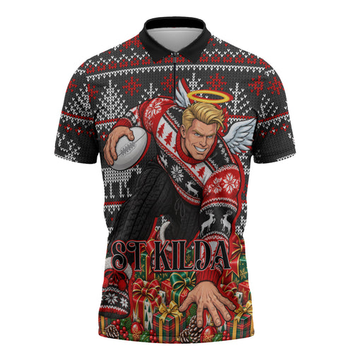 Personalized St Kilda Football Christmas Zipper Polo Shirt Australian Football Mascot - Ugly Xmas Pattern Festive