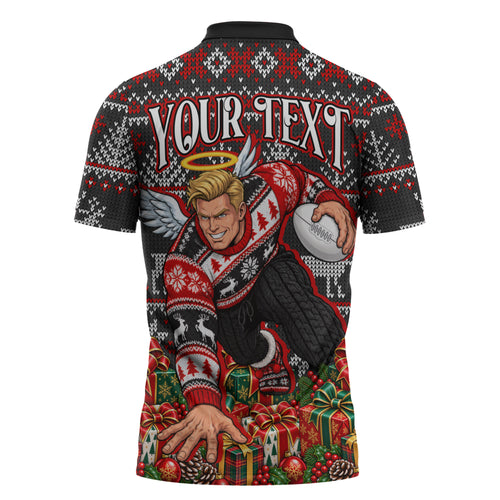 Personalized St Kilda Football Christmas Zipper Polo Shirt Australian Football Mascot - Ugly Xmas Pattern Festive