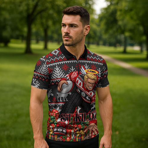 Personalized St Kilda Football Christmas Zipper Polo Shirt Australian Football Mascot - Ugly Xmas Pattern Festive
