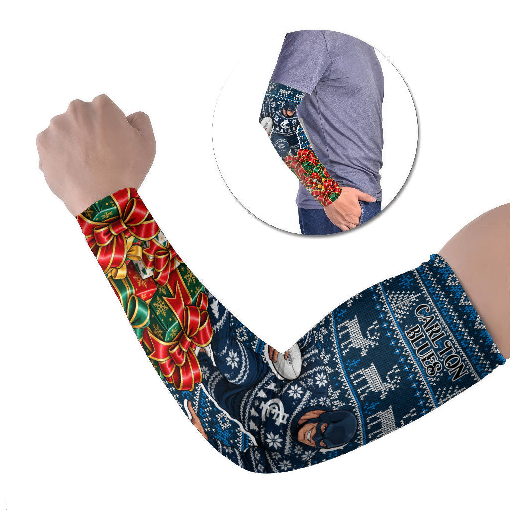 Personalized Carlton Blues Football Christmas Arm Sleeves Australian Football Mascot - Ugly Xmas Pattern Festive