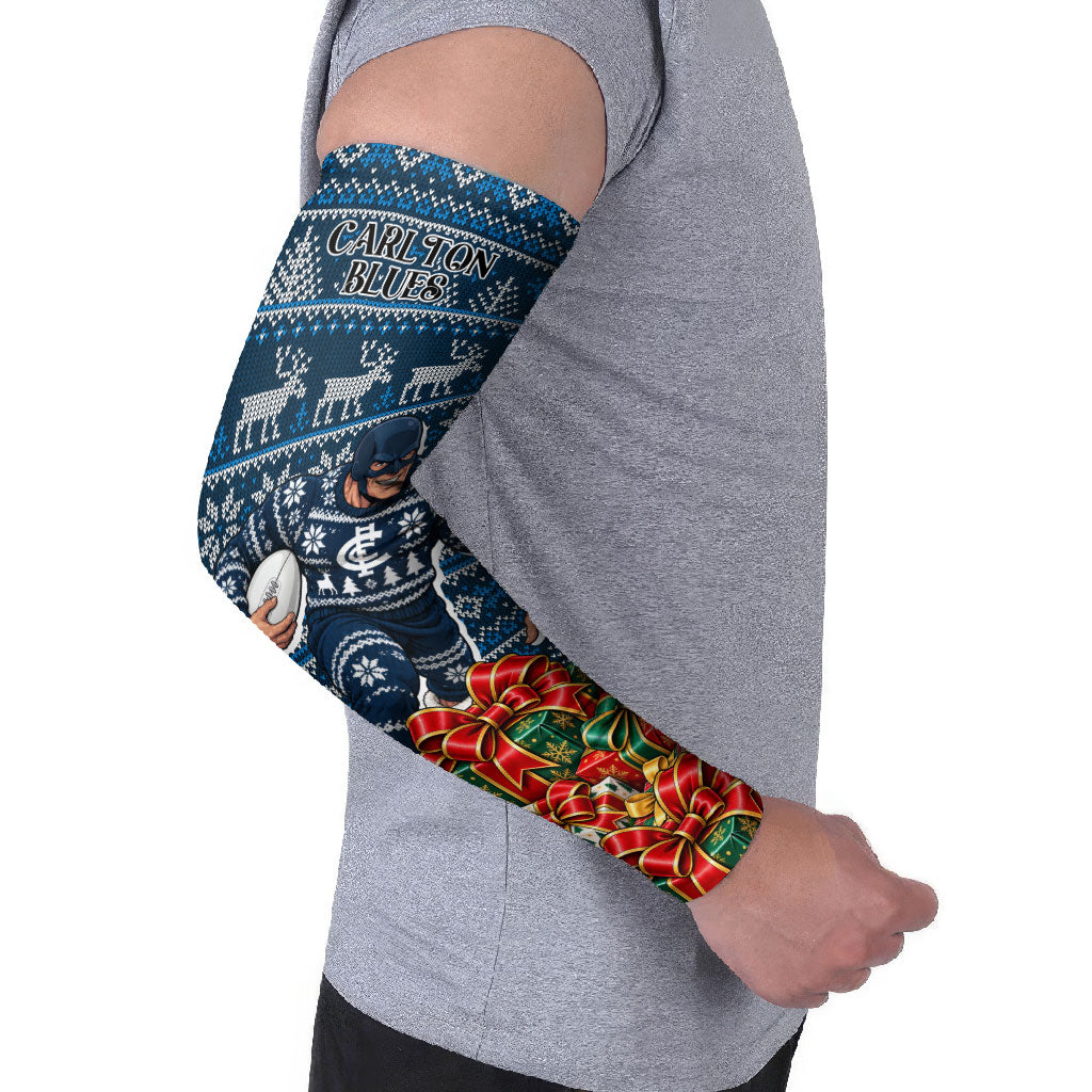 Personalized Carlton Blues Football Christmas Arm Sleeves Australian Football Mascot - Ugly Xmas Pattern Festive