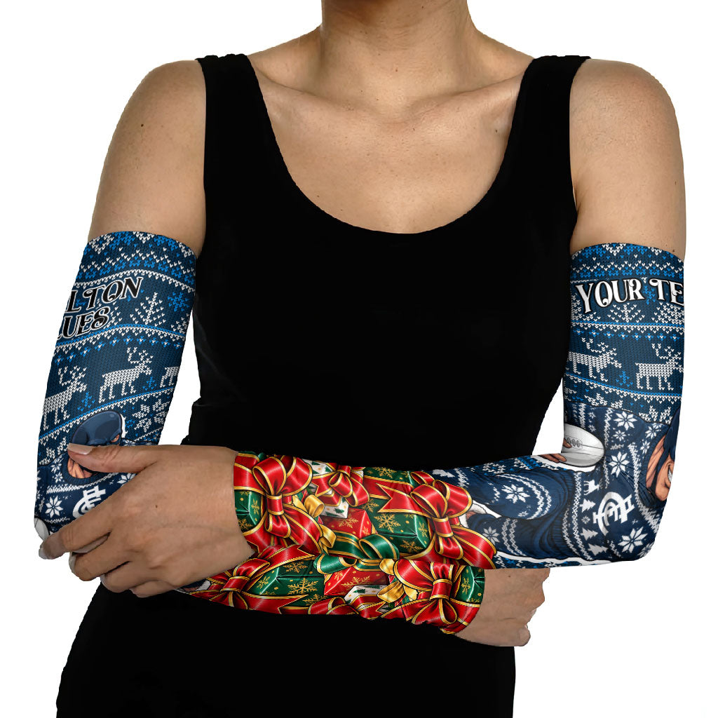 Personalized Carlton Blues Football Christmas Arm Sleeves Australian Football Mascot - Ugly Xmas Pattern Festive