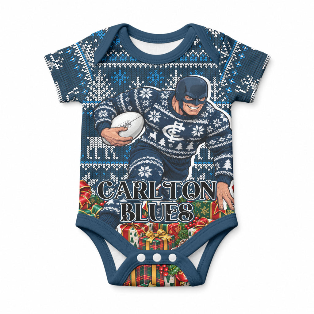 Personalized Carlton Blues Football Christmas Baby Onesie Australian Football Mascot - Ugly Xmas Pattern Festive