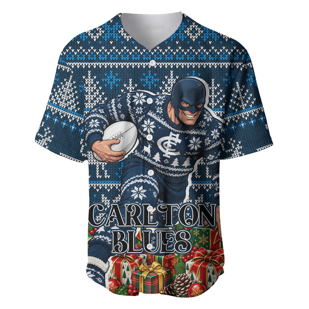 Personalized Carlton Blues Football Christmas Baseball Jersey Australian Football Mascot - Ugly Xmas Pattern Festive