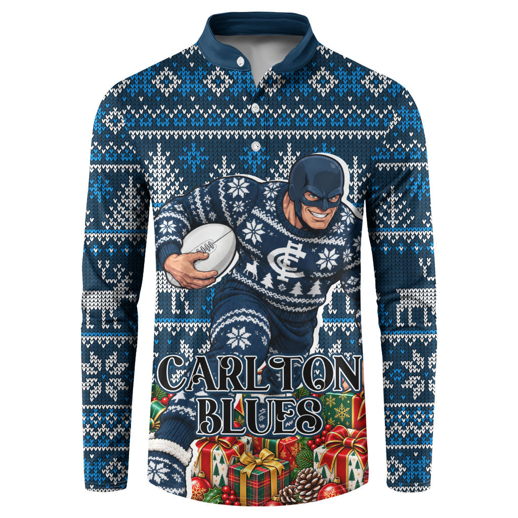 Personalized Carlton Blues Football Christmas Button Sweatshirt Australian Football Mascot - Ugly Xmas Pattern Festive