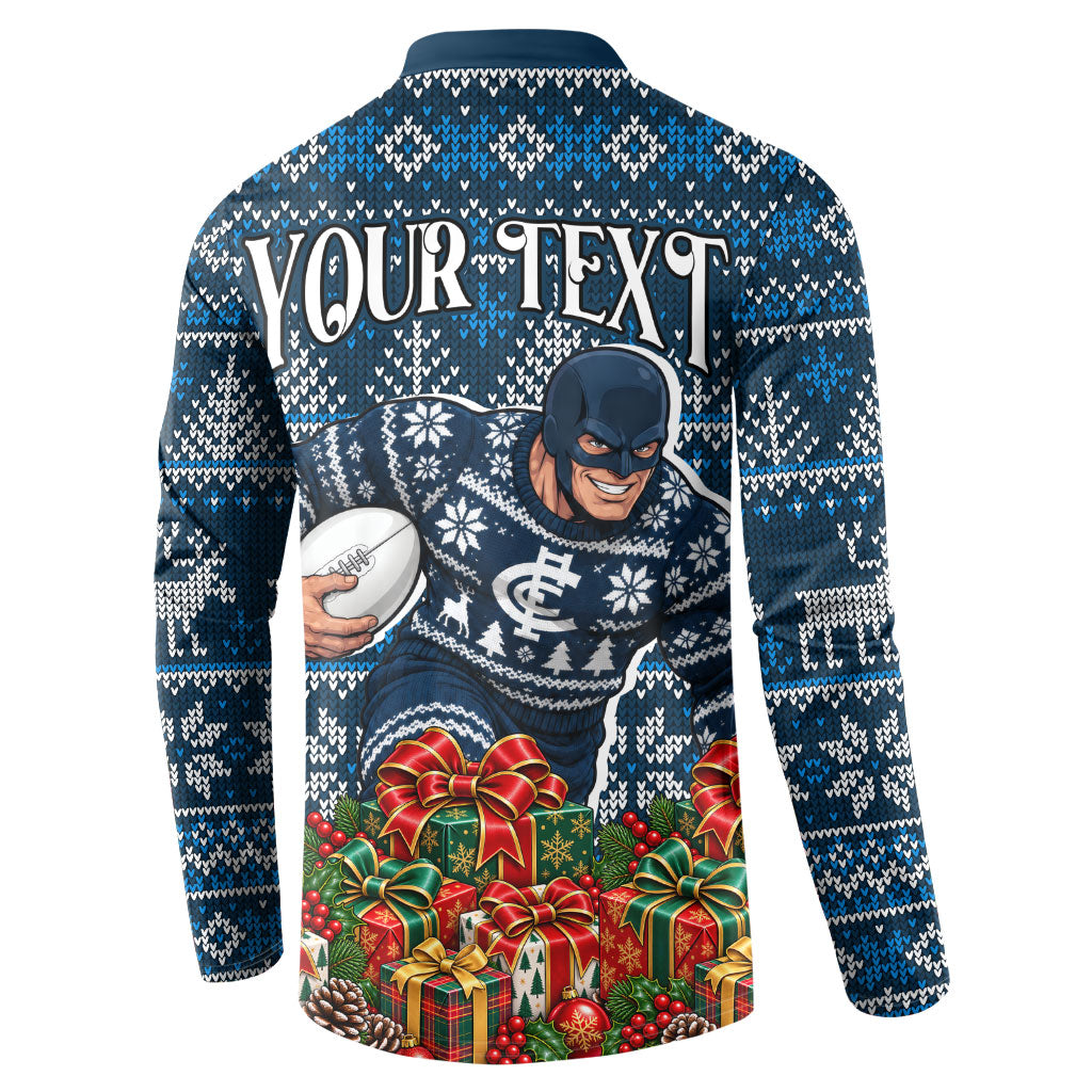 Personalized Carlton Blues Football Christmas Button Sweatshirt Australian Football Mascot - Ugly Xmas Pattern Festive