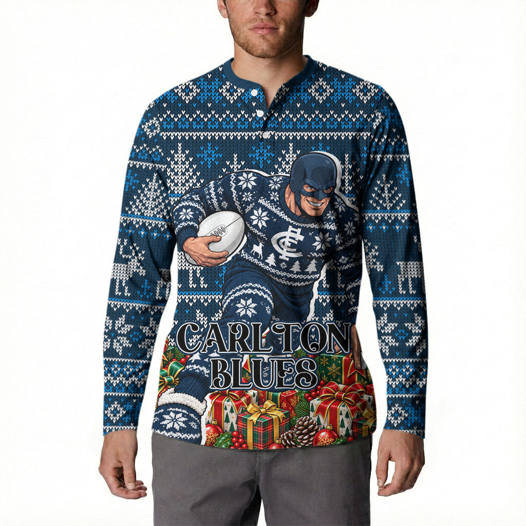 Personalized Carlton Blues Football Christmas Button Sweatshirt Australian Football Mascot - Ugly Xmas Pattern Festive