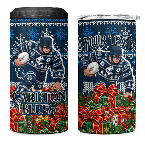 Personalized Carlton Blues Football Christmas 4 in 1 Can Cooler Tumbler Australian Football Mascot - Ugly Xmas Pattern Festive