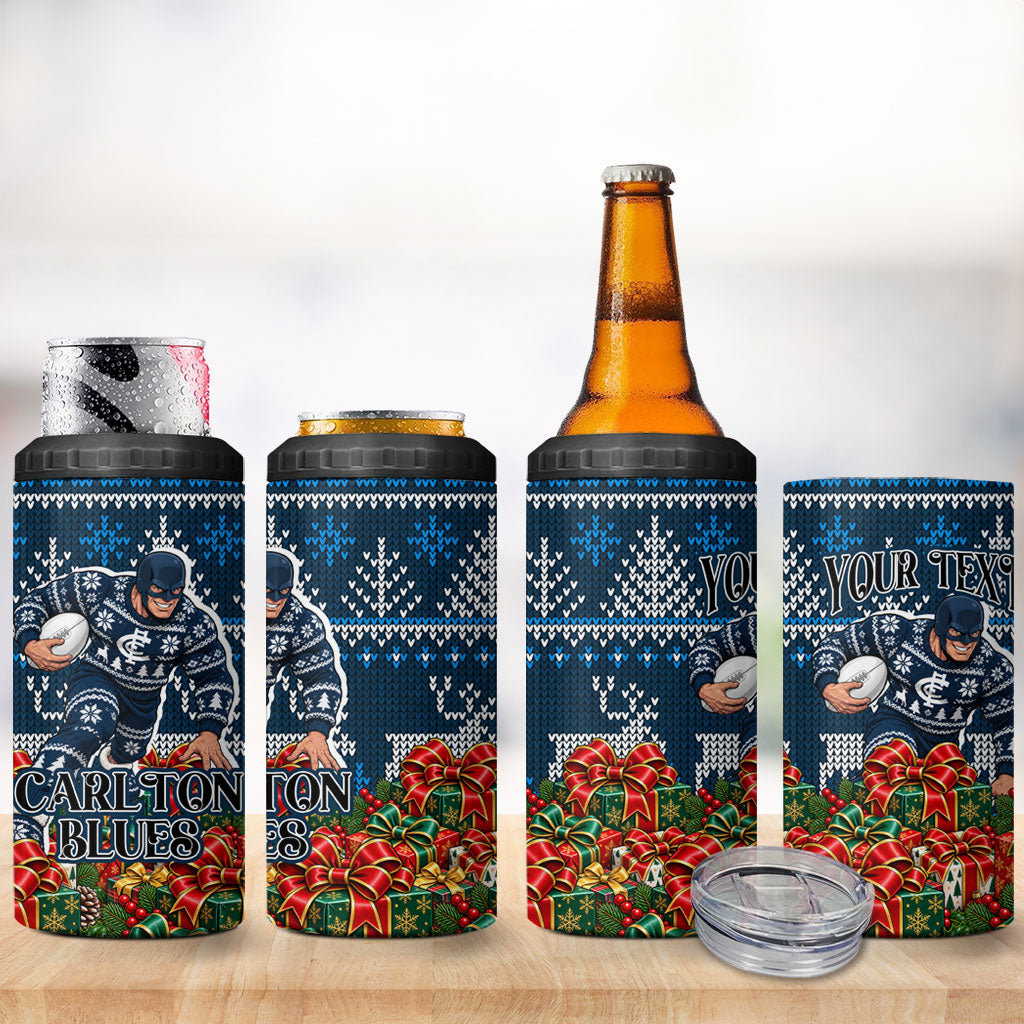 Personalized Carlton Blues Football Christmas 4 in 1 Can Cooler Tumbler Australian Football Mascot - Ugly Xmas Pattern Festive