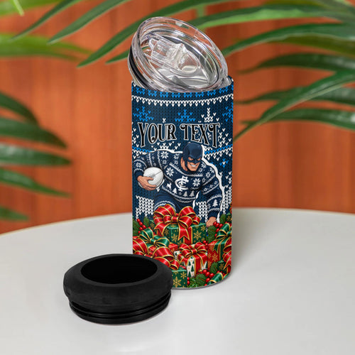 Personalized Carlton Blues Football Christmas 4 in 1 Can Cooler Tumbler Australian Football Mascot - Ugly Xmas Pattern Festive