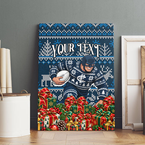 Personalized Carlton Blues Football Christmas Canvas Wall Art Australian Football Mascot - Ugly Xmas Pattern Festive