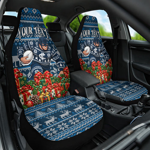 Personalized Carlton Blues Football Christmas Car Seat Cover Australian Football Mascot - Ugly Xmas Pattern Festive