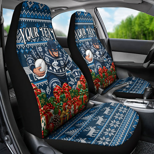 Personalized Carlton Blues Football Christmas Car Seat Cover Australian Football Mascot - Ugly Xmas Pattern Festive