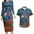 Personalized Carlton Blues Football Christmas Couples Matching Long Sleeve Bodycon Dress and Hawaiian Shirt Australian Football Mascot - Ugly Xmas Pattern Festive
