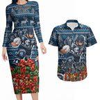 Personalized Carlton Blues Football Christmas Couples Matching Long Sleeve Bodycon Dress and Hawaiian Shirt Australian Football Mascot - Ugly Xmas Pattern Festive