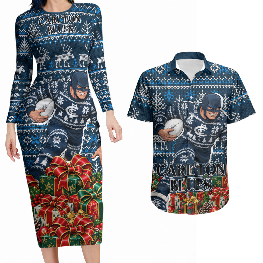 Personalized Carlton Blues Football Christmas Couples Matching Long Sleeve Bodycon Dress and Hawaiian Shirt Australian Football Mascot - Ugly Xmas Pattern Festive