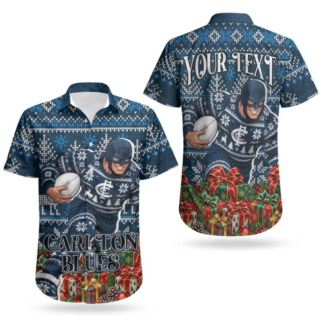 Personalized Carlton Blues Football Christmas Couples Matching Long Sleeve Bodycon Dress and Hawaiian Shirt Australian Football Mascot - Ugly Xmas Pattern Festive