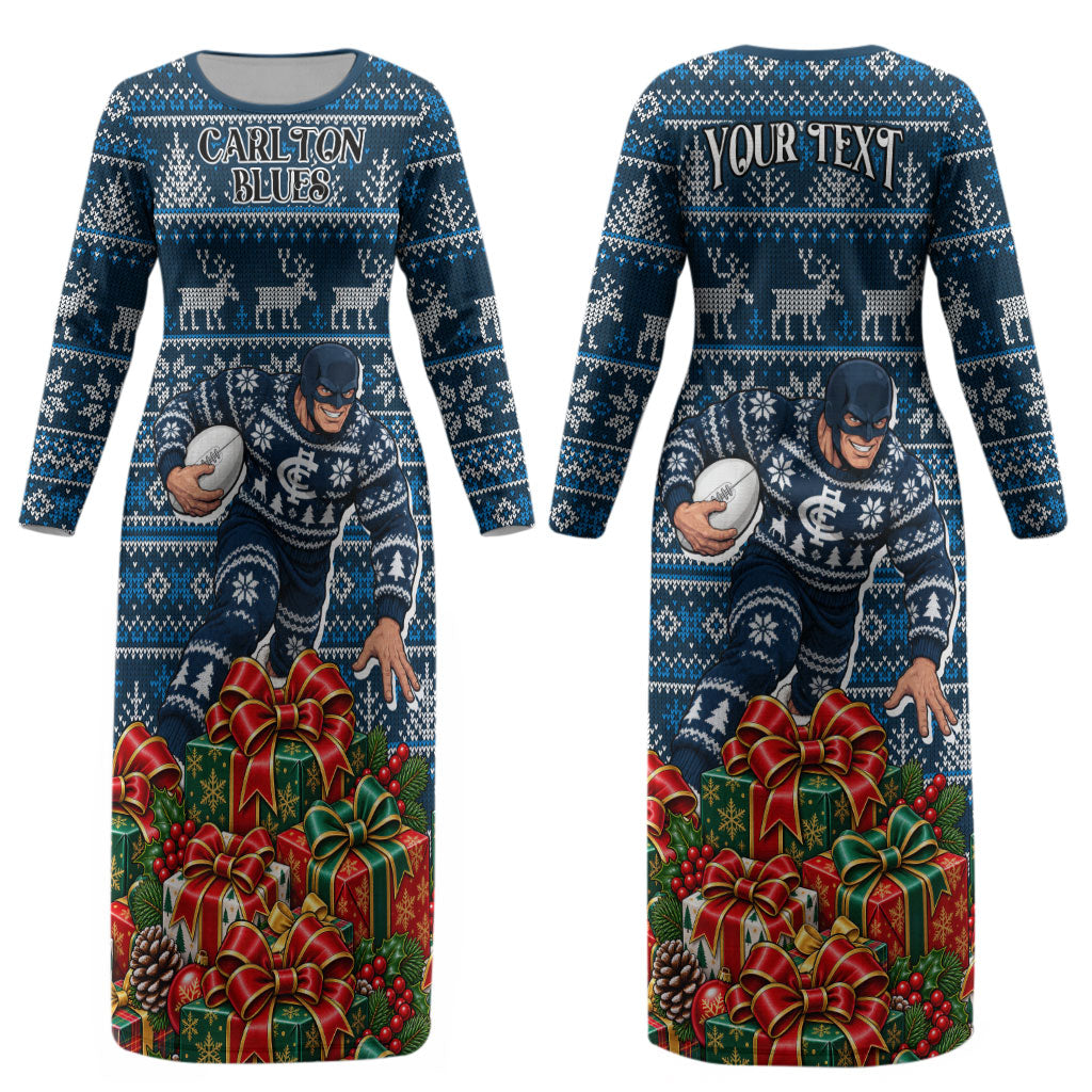 Personalized Carlton Blues Football Christmas Couples Matching Long Sleeve Bodycon Dress and Hawaiian Shirt Australian Football Mascot - Ugly Xmas Pattern Festive