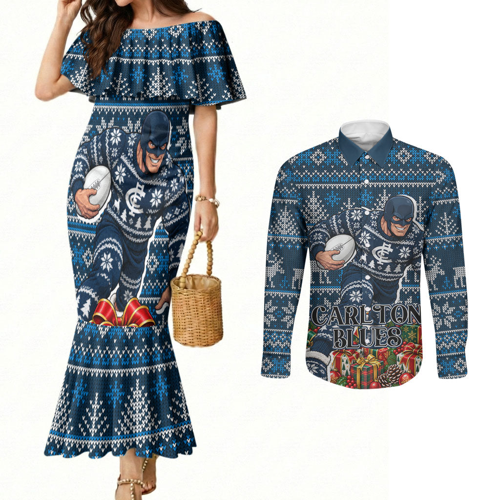 Personalized Carlton Blues Football Christmas Couples Matching Mermaid Dress and Long Sleeve Button Shirt Australian Football Mascot - Ugly Xmas Pattern Festive