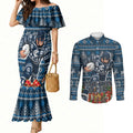 Personalized Carlton Blues Football Christmas Couples Matching Mermaid Dress and Long Sleeve Button Shirt Australian Football Mascot - Ugly Xmas Pattern Festive