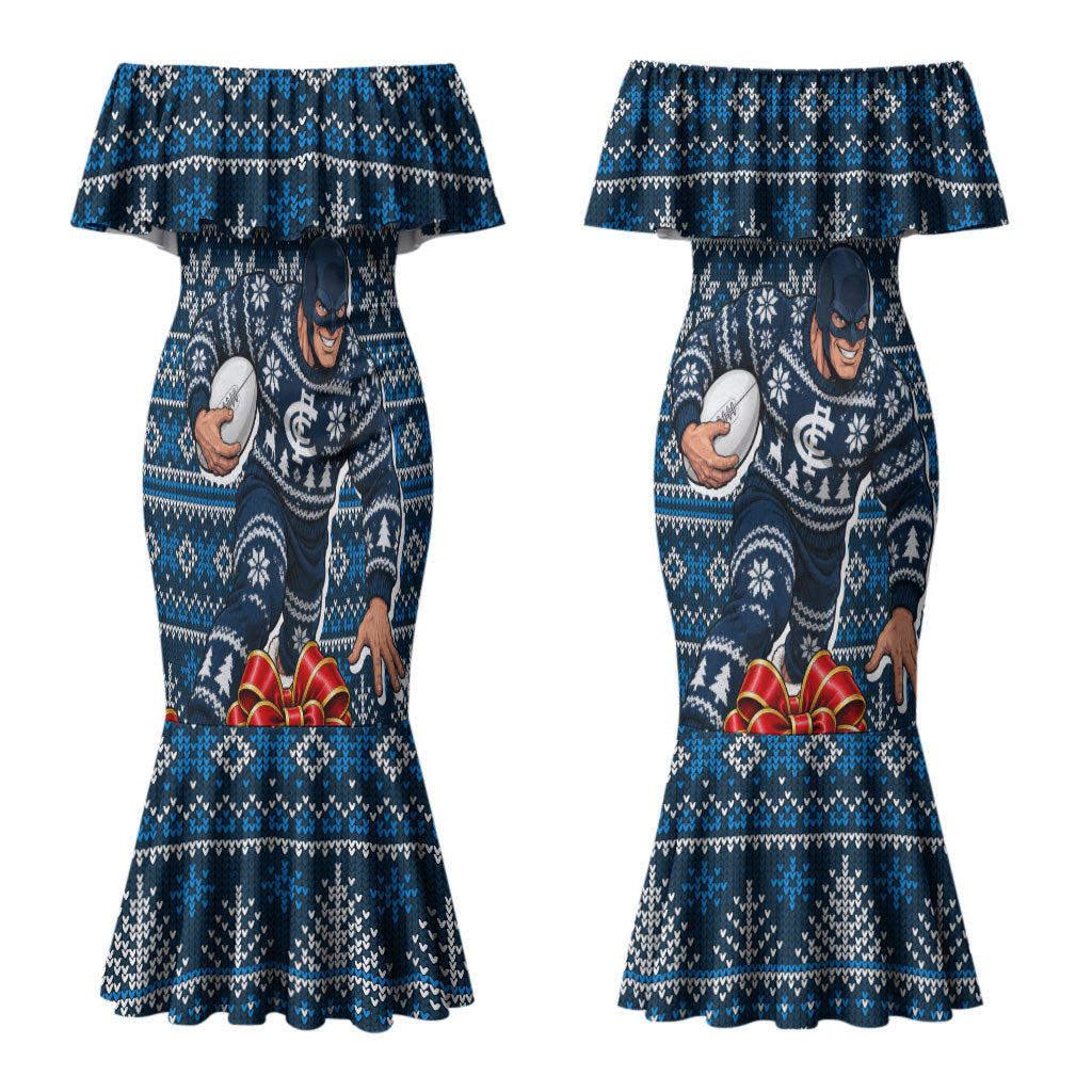 Personalized Carlton Blues Football Christmas Couples Matching Mermaid Dress and Long Sleeve Button Shirt Australian Football Mascot - Ugly Xmas Pattern Festive