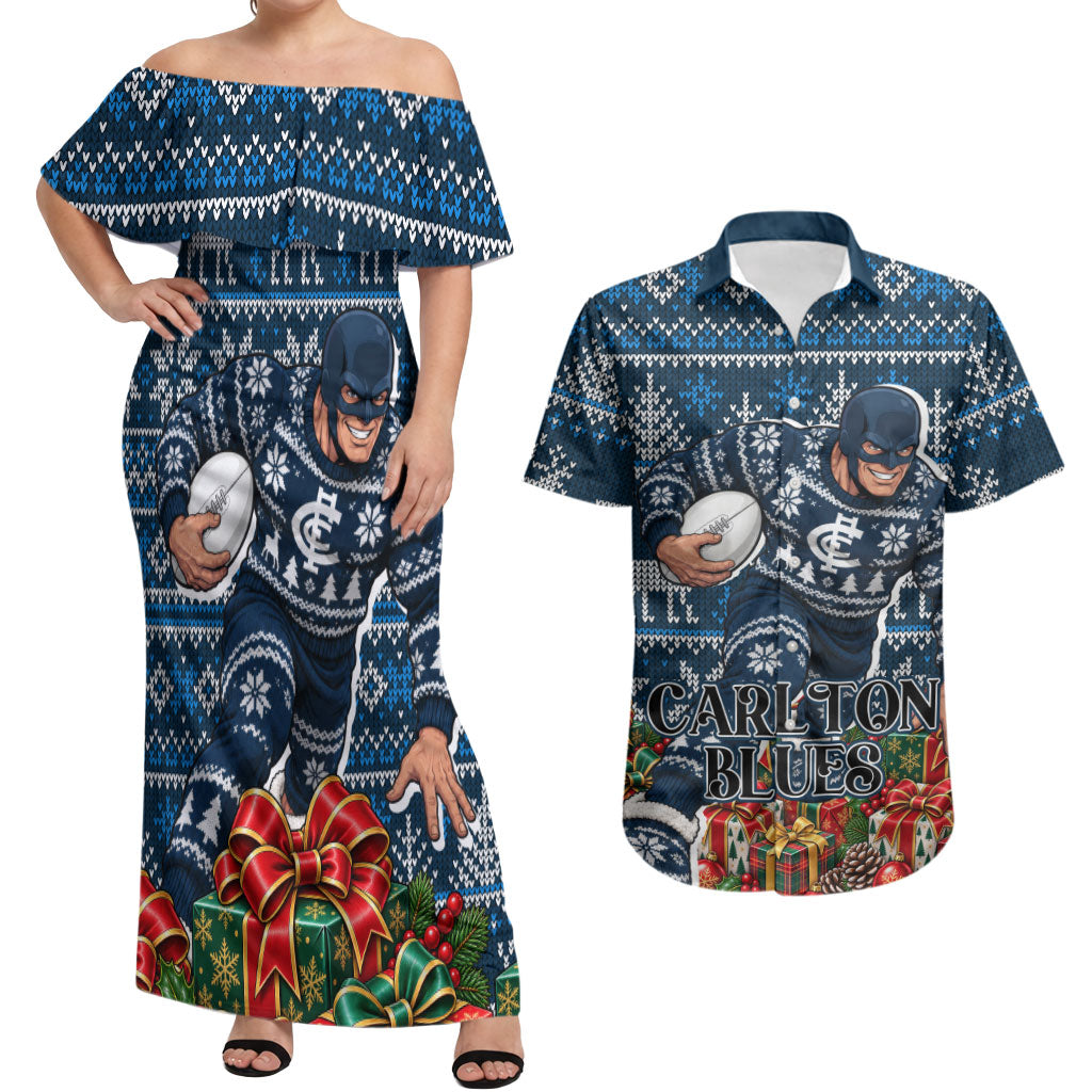 Personalized Carlton Blues Football Christmas Couples Matching Off Shoulder Maxi Dress and Hawaiian Shirt Australian Football Mascot - Ugly Xmas Pattern Festive
