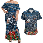 Personalized Carlton Blues Football Christmas Couples Matching Off Shoulder Maxi Dress and Hawaiian Shirt Australian Football Mascot - Ugly Xmas Pattern Festive