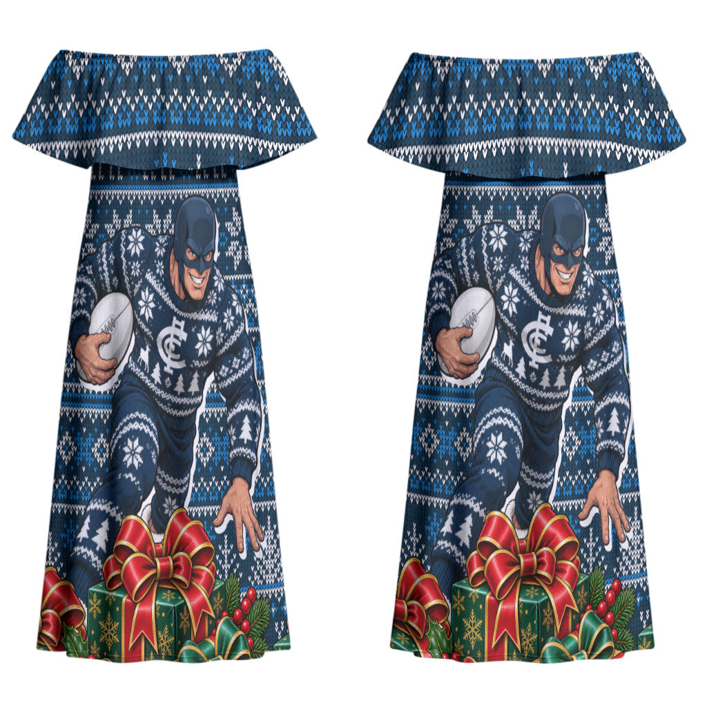 Personalized Carlton Blues Football Christmas Couples Matching Off Shoulder Maxi Dress and Hawaiian Shirt Australian Football Mascot - Ugly Xmas Pattern Festive