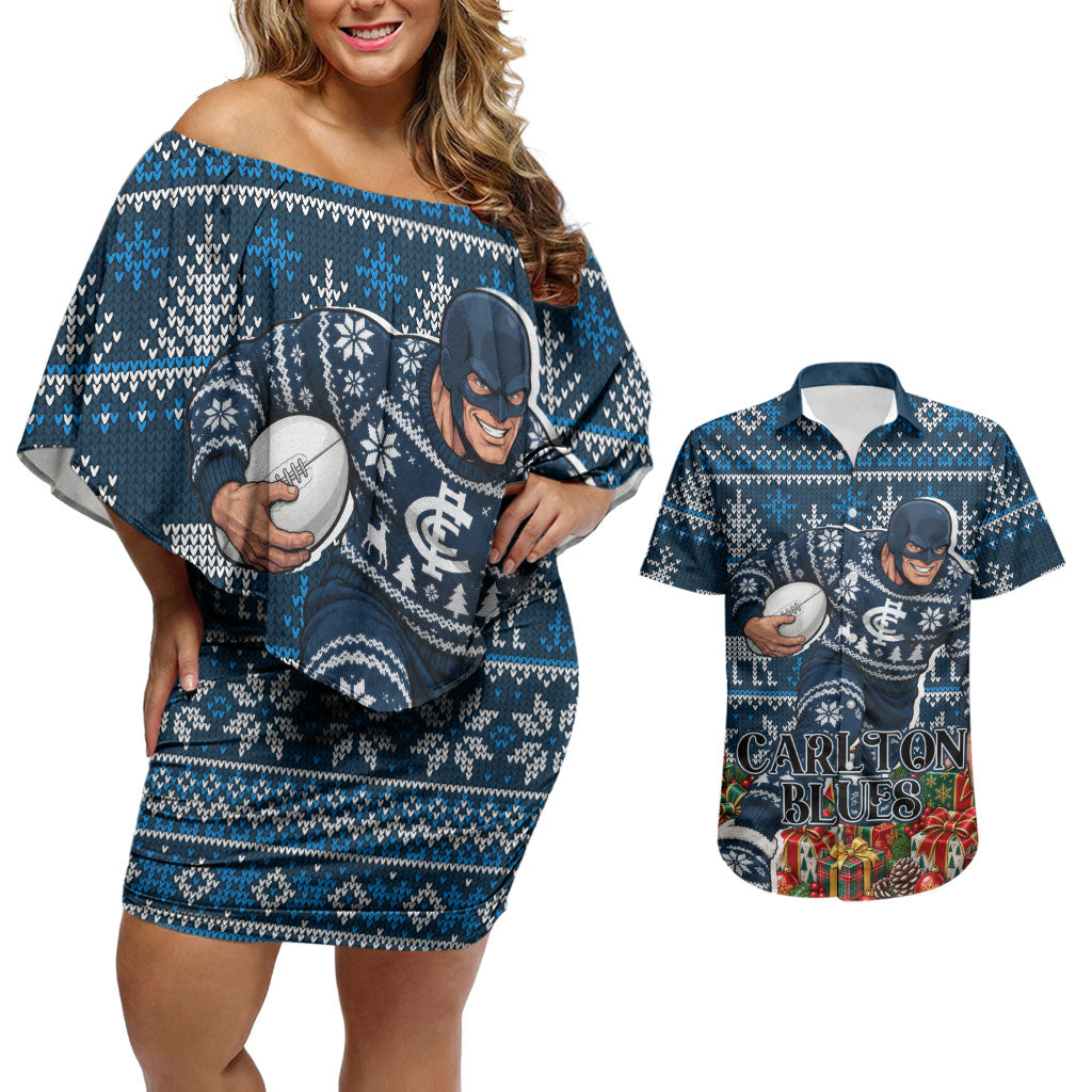 Personalized Carlton Blues Football Christmas Couples Matching Off Shoulder Short Dress and Hawaiian Shirt Australian Football Mascot - Ugly Xmas Pattern Festive