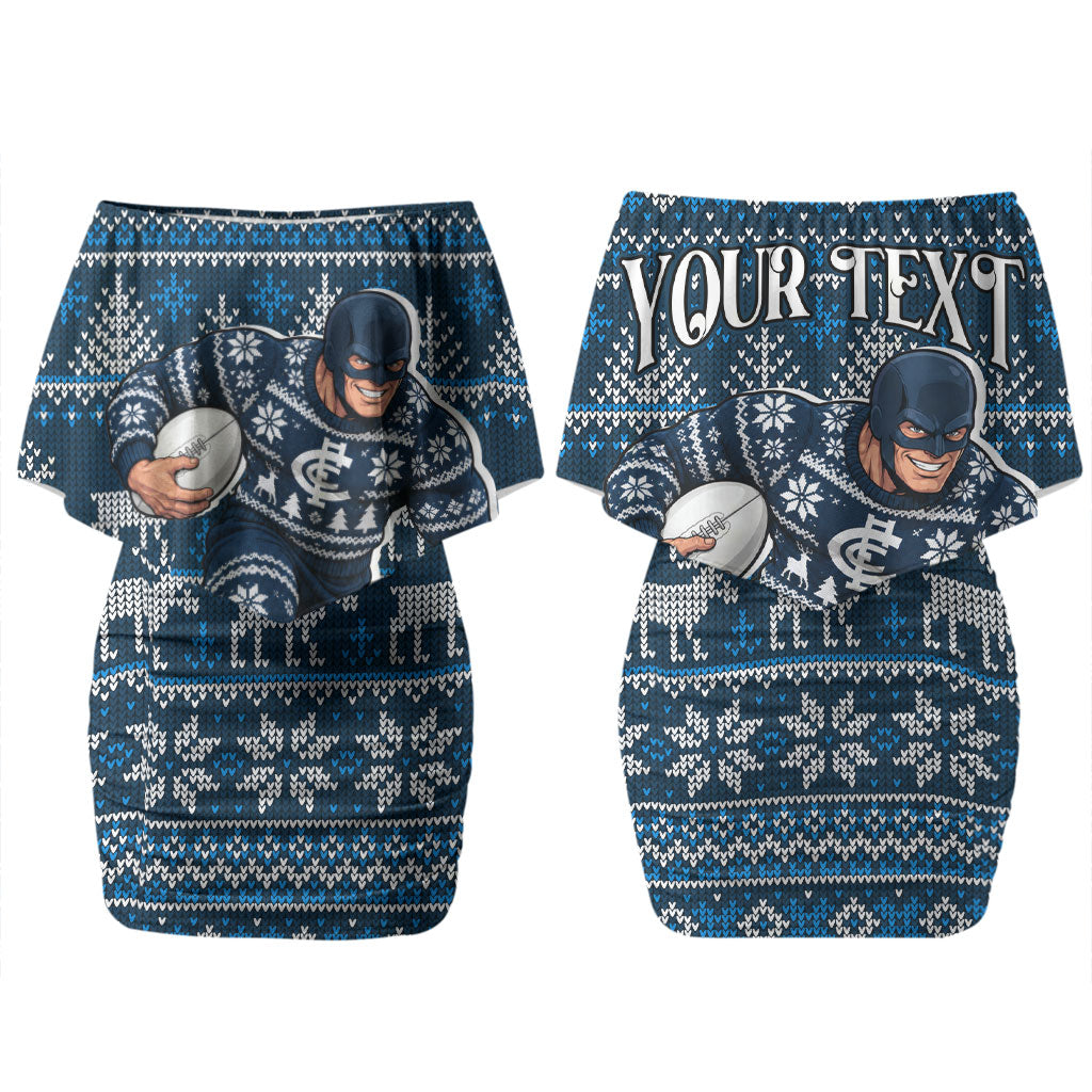 Personalized Carlton Blues Football Christmas Couples Matching Off Shoulder Short Dress and Hawaiian Shirt Australian Football Mascot - Ugly Xmas Pattern Festive