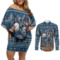 Personalized Carlton Blues Football Christmas Couples Matching Off Shoulder Short Dress and Long Sleeve Button Shirt Australian Football Mascot - Ugly Xmas Pattern Festive