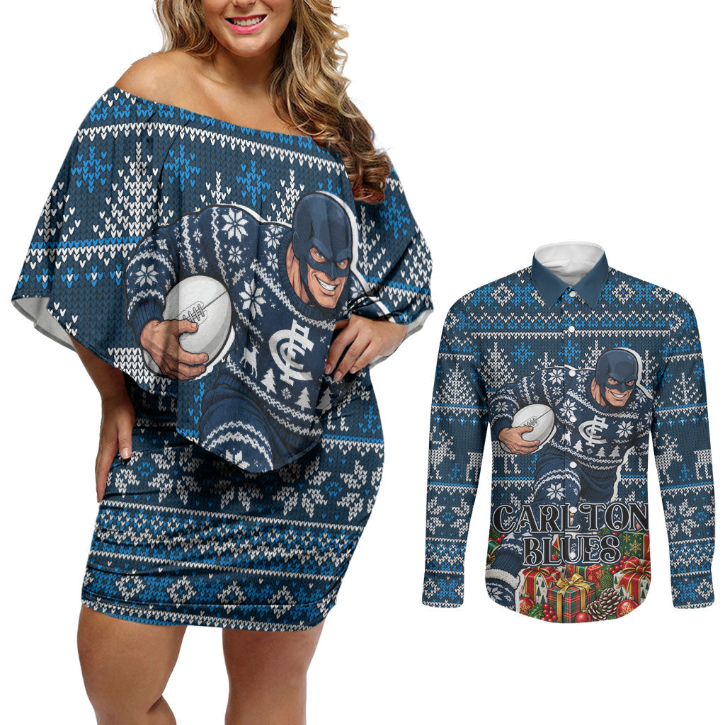 Personalized Carlton Blues Football Christmas Couples Matching Off Shoulder Short Dress and Long Sleeve Button Shirt Australian Football Mascot - Ugly Xmas Pattern Festive