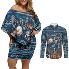 Personalized Carlton Blues Football Christmas Couples Matching Off Shoulder Short Dress and Long Sleeve Button Shirt Australian Football Mascot - Ugly Xmas Pattern Festive