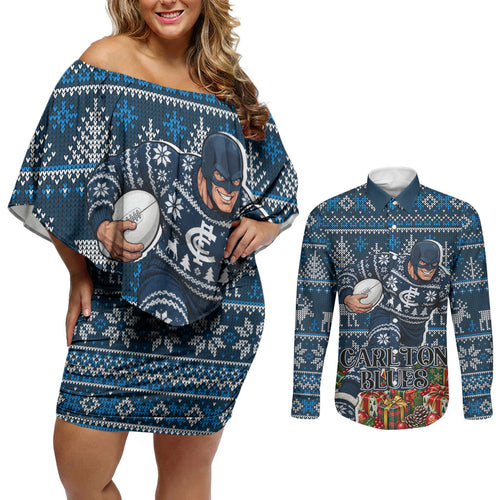 Personalized Carlton Blues Football Christmas Couples Matching Off Shoulder Short Dress and Long Sleeve Button Shirt Australian Football Mascot - Ugly Xmas Pattern Festive