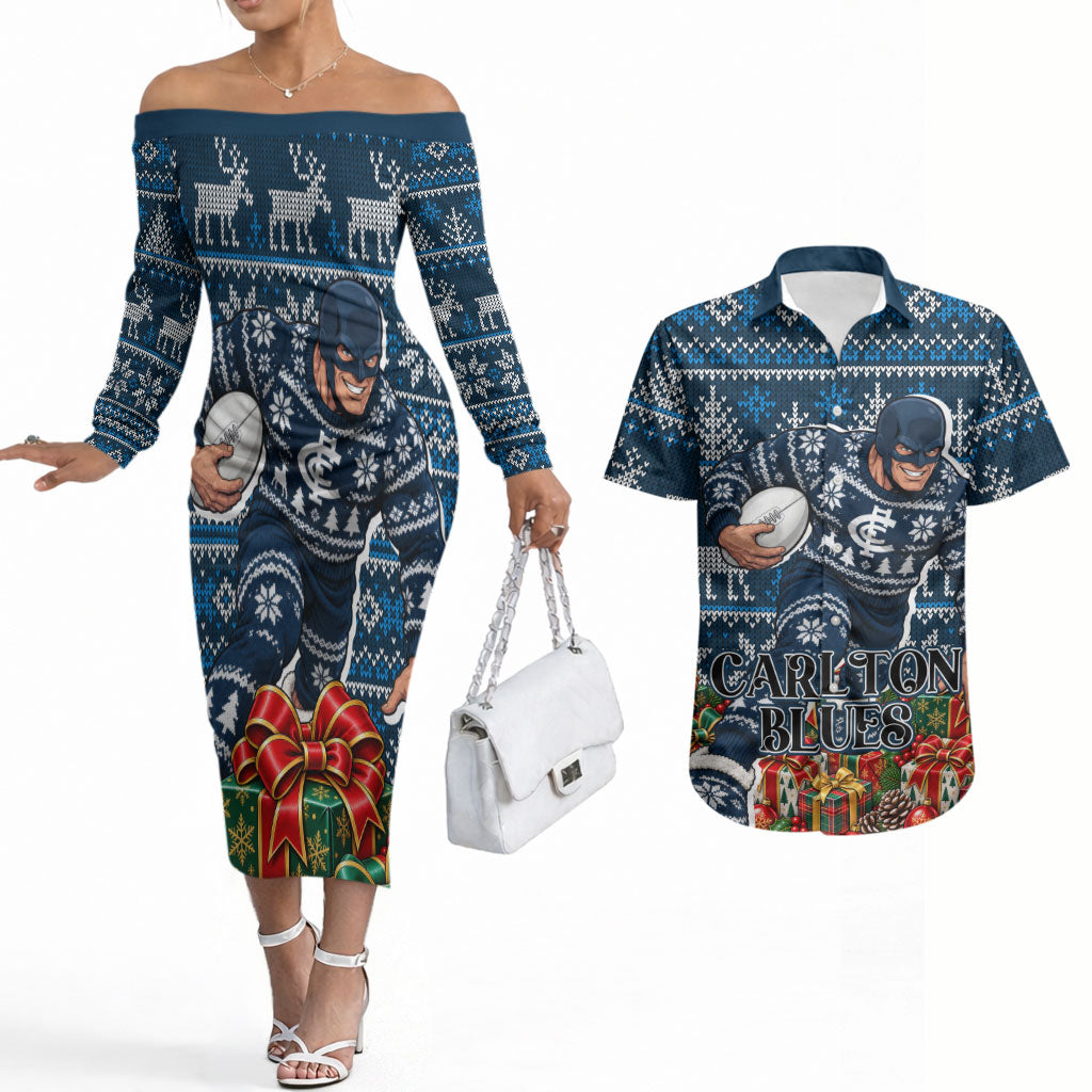 Personalized Carlton Blues Football Christmas Couples Matching Off The Shoulder Long Sleeve Dress and Hawaiian Shirt Australian Football Mascot - Ugly Xmas Pattern Festive