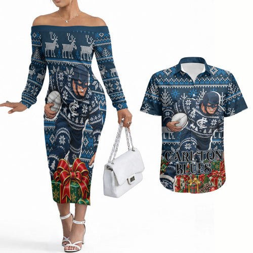 Personalized Carlton Blues Football Christmas Couples Matching Off The Shoulder Long Sleeve Dress and Hawaiian Shirt Australian Football Mascot - Ugly Xmas Pattern Festive