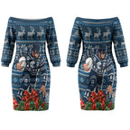 Personalized Carlton Blues Football Christmas Couples Matching Off The Shoulder Long Sleeve Dress and Hawaiian Shirt Australian Football Mascot - Ugly Xmas Pattern Festive
