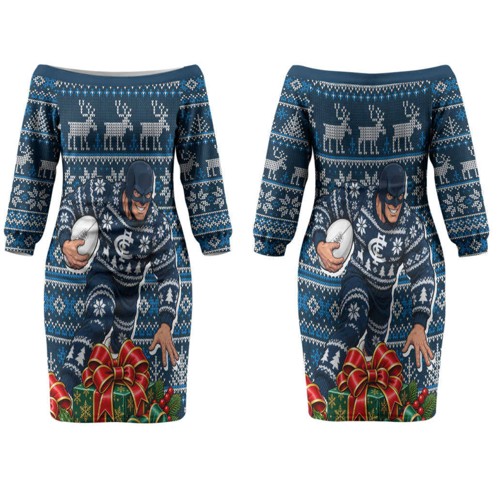 Personalized Carlton Blues Football Christmas Couples Matching Off The Shoulder Long Sleeve Dress and Hawaiian Shirt Australian Football Mascot - Ugly Xmas Pattern Festive