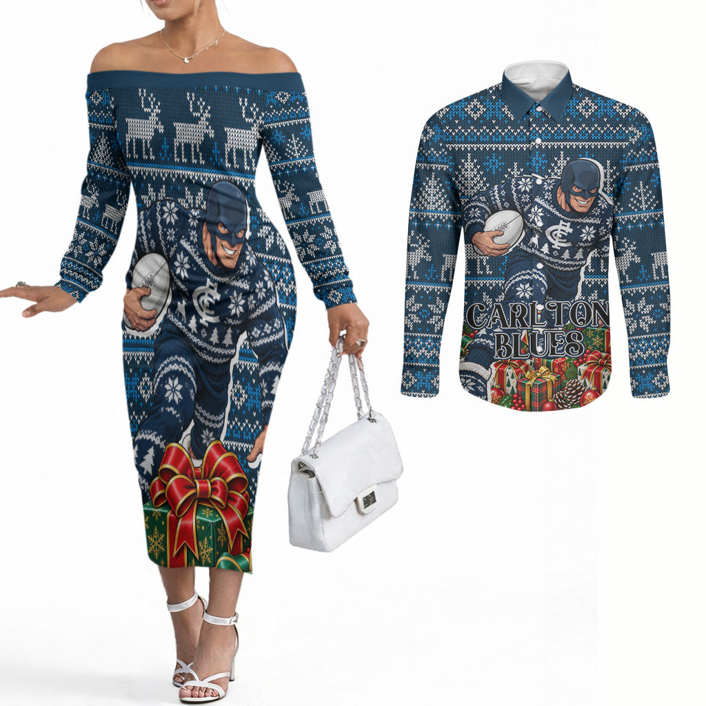 Personalized Carlton Blues Football Christmas Couples Matching Off The Shoulder Long Sleeve Dress and Long Sleeve Button Shirt Australian Football Mascot - Ugly Xmas Pattern Festive