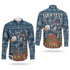 Personalized Carlton Blues Football Christmas Couples Matching Off The Shoulder Long Sleeve Dress and Long Sleeve Button Shirt Australian Football Mascot - Ugly Xmas Pattern Festive