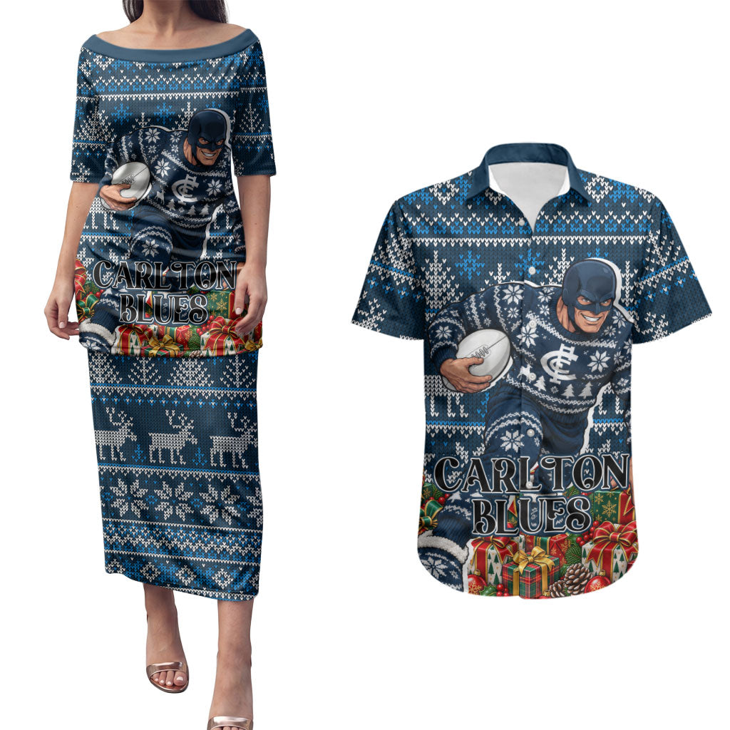 Personalized Carlton Blues Football Christmas Couples Matching Puletasi and Hawaiian Shirt Australian Football Mascot - Ugly Xmas Pattern Festive
