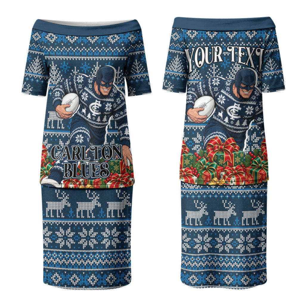 Personalized Carlton Blues Football Christmas Couples Matching Puletasi and Hawaiian Shirt Australian Football Mascot - Ugly Xmas Pattern Festive