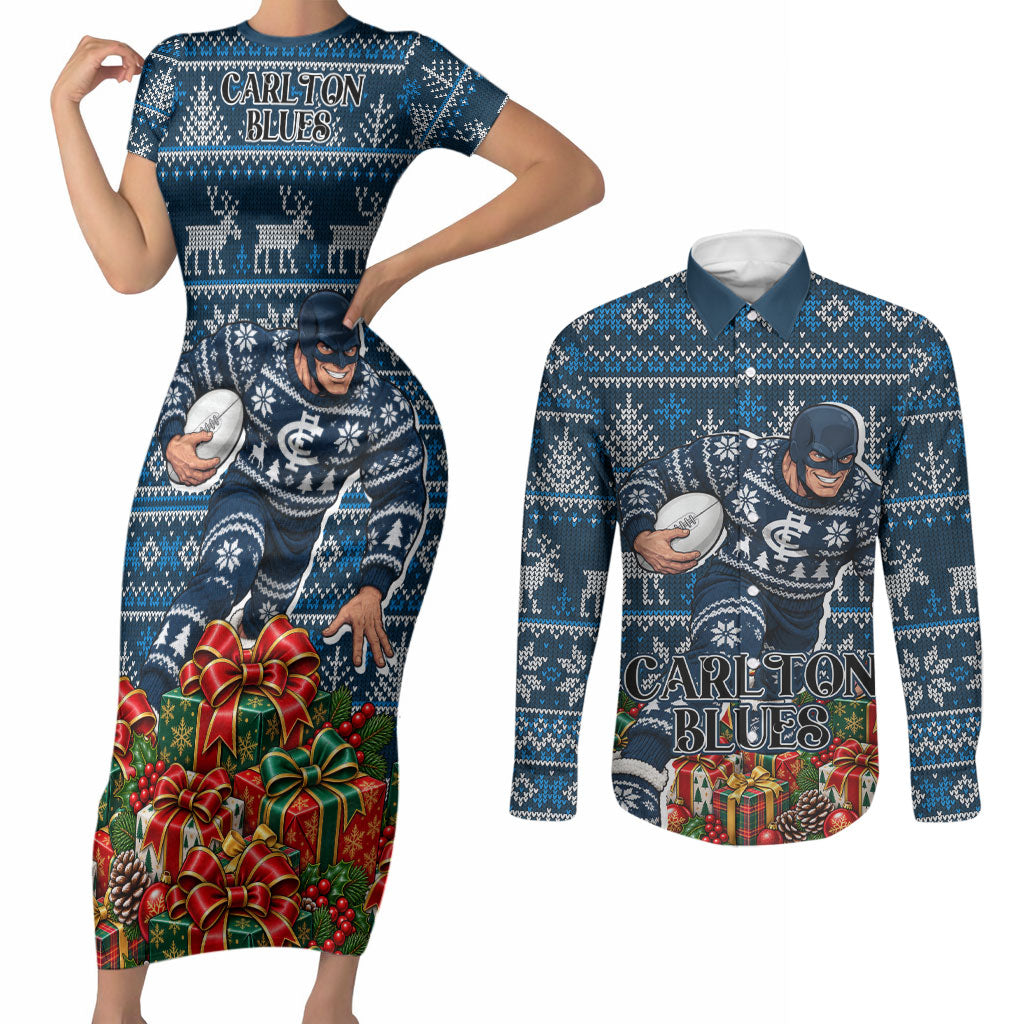 Personalized Carlton Blues Football Christmas Couples Matching Short Sleeve Bodycon Dress and Long Sleeve Button Shirt Australian Football Mascot - Ugly Xmas Pattern Festive