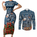 Personalized Carlton Blues Football Christmas Couples Matching Short Sleeve Bodycon Dress and Long Sleeve Button Shirt Australian Football Mascot - Ugly Xmas Pattern Festive