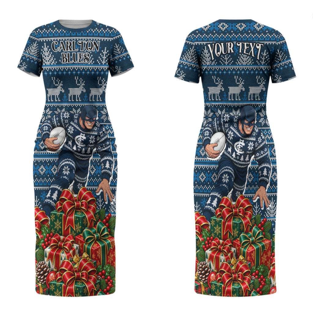 Personalized Carlton Blues Football Christmas Couples Matching Short Sleeve Bodycon Dress and Long Sleeve Button Shirt Australian Football Mascot - Ugly Xmas Pattern Festive