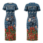 Personalized Carlton Blues Football Christmas Couples Matching Short Sleeve Bodycon Dress and Long Sleeve Button Shirt Australian Football Mascot - Ugly Xmas Pattern Festive