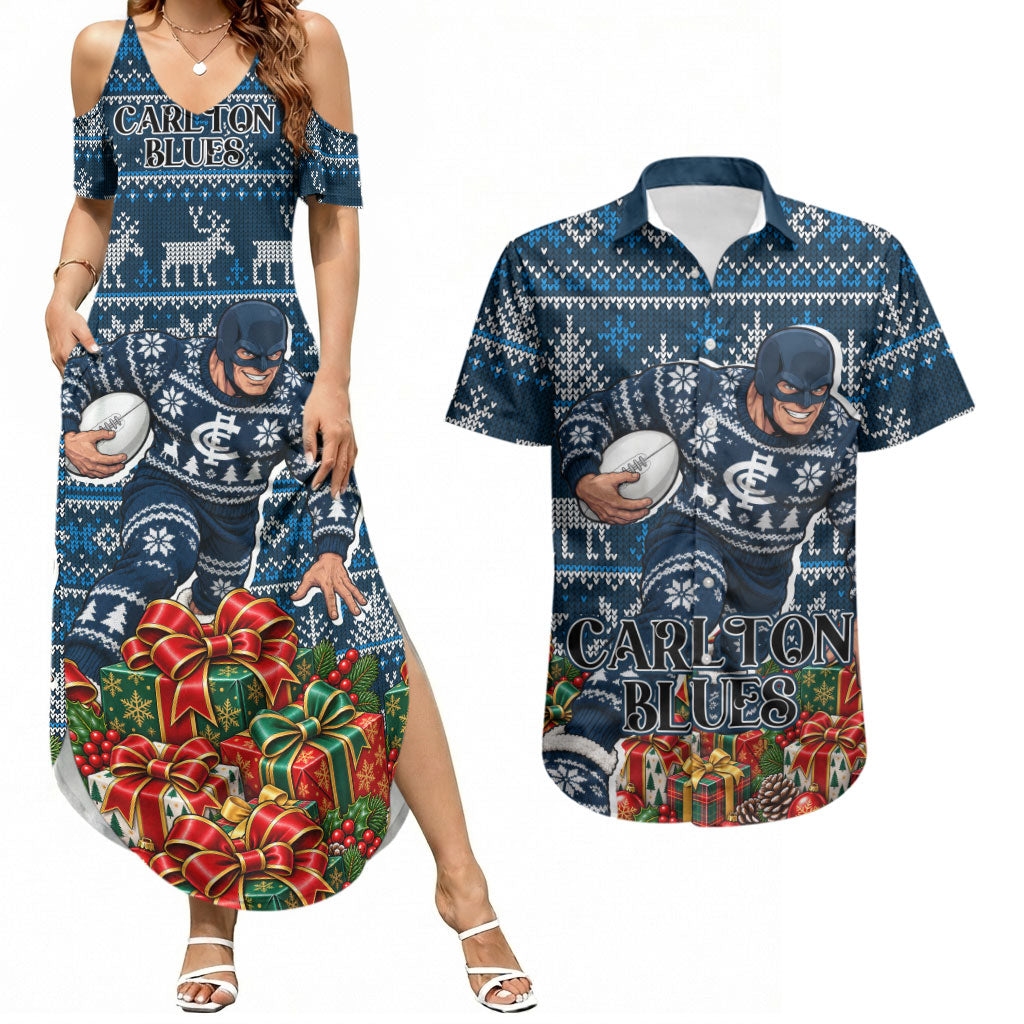 Personalized Carlton Blues Football Christmas Couples Matching Summer Maxi Dress and Hawaiian Shirt Australian Football Mascot - Ugly Xmas Pattern Festive